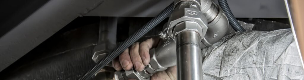 Close-up of a plumber's hands installing steel pipes indoors, showcasing skilled manual work.